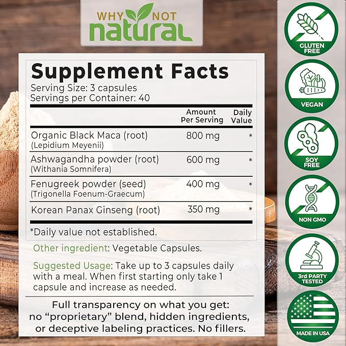 4-in-1 Supplement with Black Maca Root, Ashwagandha, Fenugreek & Panax Ginseng