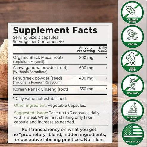 Black Maca Root, Ashwagandha, Fenugreek & Panax Ginseng | 4-in-1 Supplement