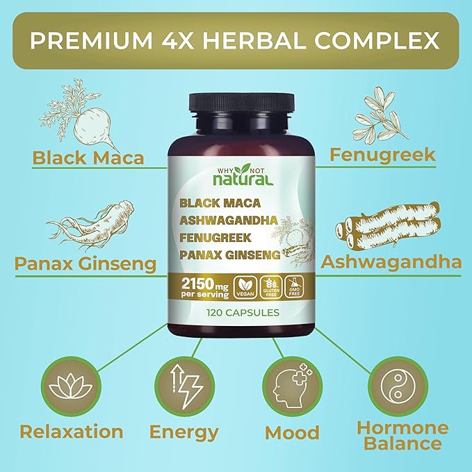 4-in-1 Supplement with Black Maca Root, Ashwagandha, Fenugreek & Panax Ginseng