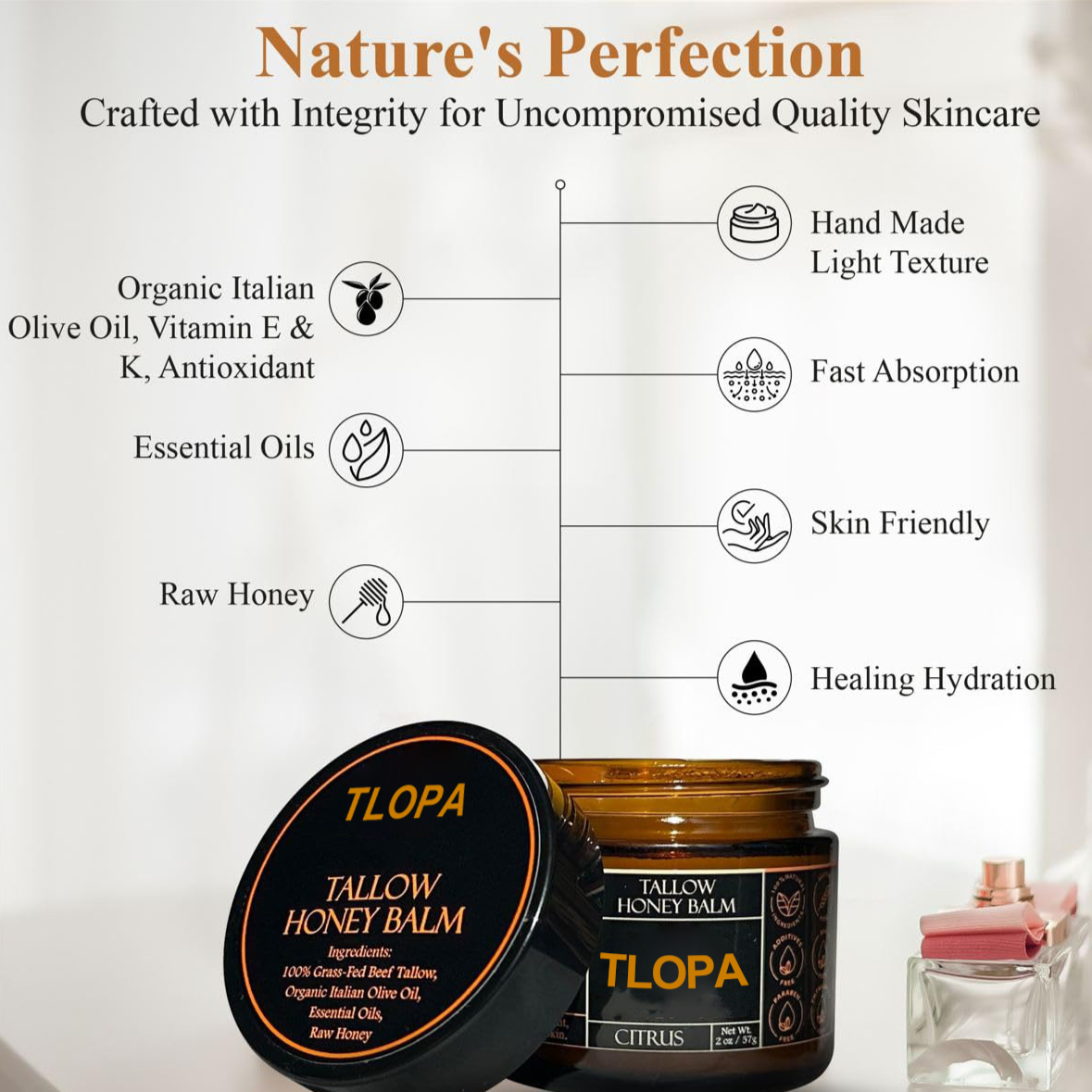 Moisturising Balm with Organic Tallow, Honey and Orange Essential Oil